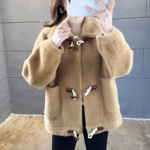 Autumn/winter new style mink velvet knitted ladies jacket with horn buckle loose Korean style outer long sleeve cardigan