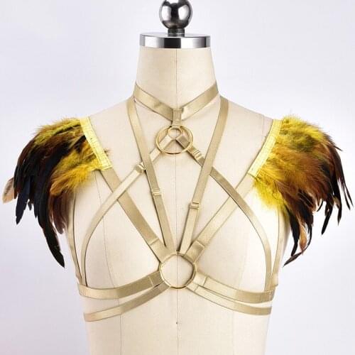 Feather Open Chest Bra Sexy Lingerie Adjust Body Harness Belt Punk Feather Epaulettes Harness Bra Bondage Body Cage