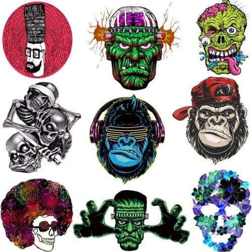 Prajna Skull Iron-On Transfers Punk Orangutan Patches For Clothing DIY A-level Washable T-shirt Accessory Clothes Stickers Badge