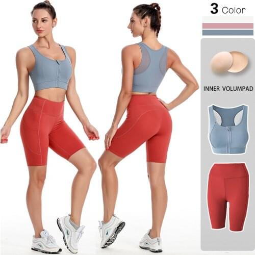 Спортивный кост Women Sets Workout Sport Pants Zipped Bra Gym Crop Top High Waist Running Sports Suits With Shorts