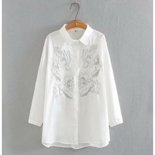 Womens oversize shirt turn-down collar floral embroidery tops women 2021 spring autumn Casual white loose Mid-length Blouses
