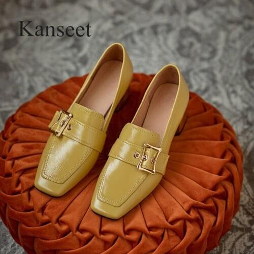 Kanseet New Womens Pumps 2021 Autumn Metal Buckle Genuine Leather Handmade Office Ladies Thick Heels Shoes Yellow Big Size 42