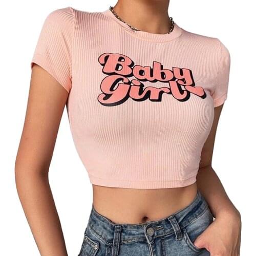 Summer Fashion Casual Womens Short Sleeve Crop Top Cute Letter Print Crew Neck Rib-Knit Basic Tee Top Daily Street Wear
