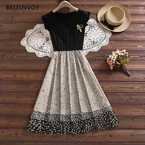 Summer New Preppy Style Sweet Tulle Vestidos Women Ruffles Sleeveless Sundress Mesh Stars Sequined Dress Black Bow Midi Dresses