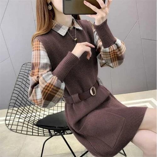 2PCS 2021 Korean Spring Autumn Women Knitted Sweater Vest + Plaid Blouse Casual Belt Suit Two Pieces Set Office Lady Outfits 132