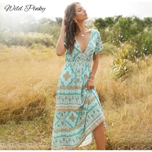 WildPinky Floral Print V-neck Sexy Summer Dress Women Short Sleeve Female Dress Ruffled A-line Ladies Chic Long Dress Vestidos
