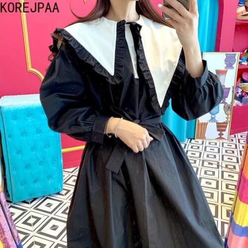 Korejpaa Women Dress 2021 Autumn Korean Chic Retro Pointed Collar Wooden Ears Irregular Bandage Waist Loose Puff Sleeve Vestidos