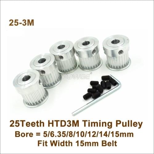 POWGE 25 Teeth 3M Timing Pulley Bore 5/6.35/8/10/12/14mm Fit W=15mm HTD 3M Synchronous Belt 25T 25Teeth HTD3M Pulley CNC Machine