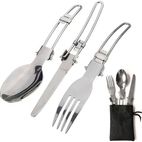 3 pieces of folding portable outdoor tableware stainless steel knife, fork, spoon, picnic utensils, hiking trip tableware set