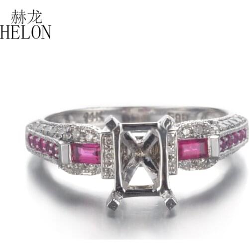 HELON Cushion 7x5mm Solid 10K White Gold Genuine Diamonds & Rubies Semi Mount Engagement Ring Fine Jewelry Gemstone Ring