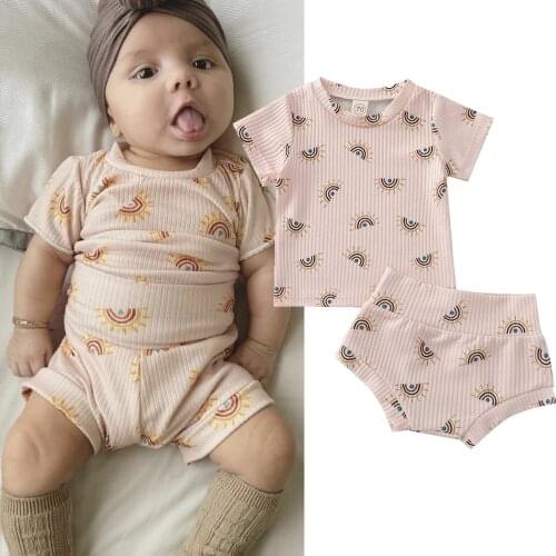 Summer New Baby Girls Boys Casual Two-piece Clothes Set Ribbed Cotton Sun Printed Short Sleeve Tops+High Waist Shorts Outfits