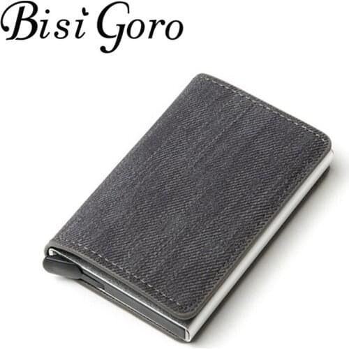 BISI GORO Men Women Clutch Single Box Fashion Wallet 2020 New RFID Anti-theft Id Card Holder Denim Business Pop-up Metal ID Case