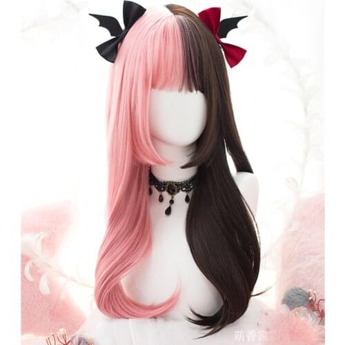 CosplayMix 55CM Lolita Long Straight Party Hair Pink Mix Brown Bangs Cute Synthetic Heat Resistant Cosplay Party Wig+Free Cap