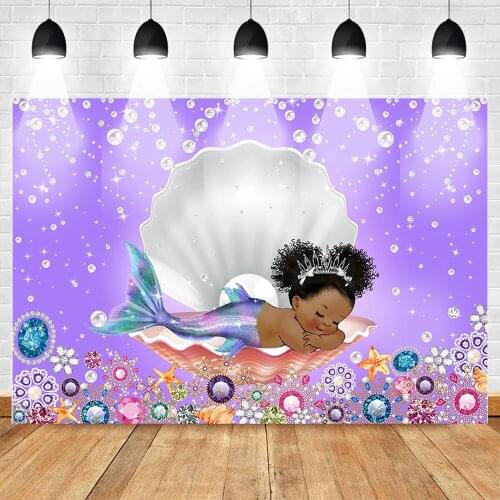 Mehofoto Purple Mermaid Photography Backdrops Pearl Shell Baby Birthday Cake Table Decoration Photo Background Shiny Jewelry