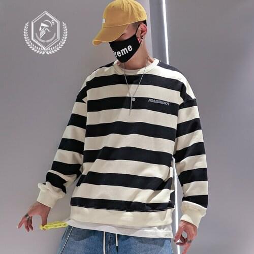 Men Fashion Loose Stripe Print Casual Pullover Hip Hop Sweatshirts