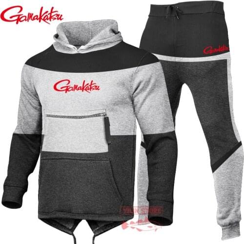 Gamakatsu Autumn Fishing Suits Outdoor Tracksuit Hooded Sweatshirt Drawstring Sportswear Male Suit Pullover Two Piece Casual Set