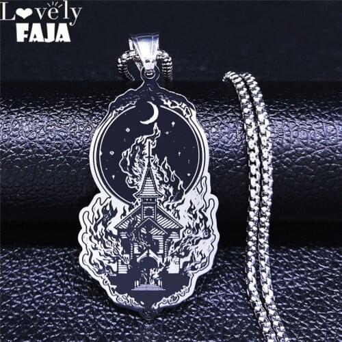 Witchcraft Fire House Stainless Steel Necklace for Women/Men Silver Color Big Long Statement Necklace Jewelry collar N4079S03