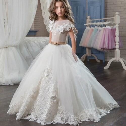 European American Style Big Children Flower Girl Dress White Sweet Lace Flower Bow-knot Tulle Princess Dress Flower Girl Dress