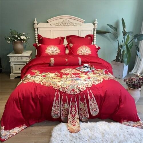 Luxury 100S Egyptian cotton Embroidered Bedding sets Queen King Red Wedding Duvet cover Bed sheet set Pillowcases 4/6pcs dargon