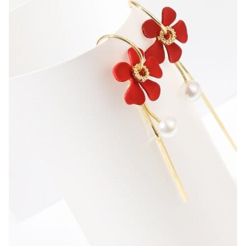 Sweet Girl Earrings Pearl Flower Red Tassel Long Earrings Temperament Net Red Wild Fashion New Earrings Women Wholesale Ohrringe