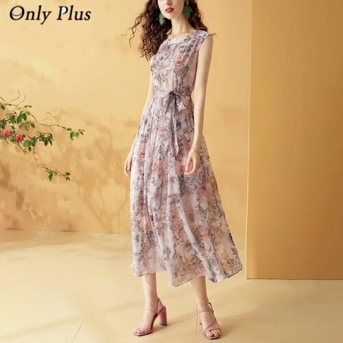 Summer Chiffon Printed Belt Dress 2021Sleeveless Beach Style Mid-Calf Length Floral A-LINE Slim Sweet Sleeveless Dresses