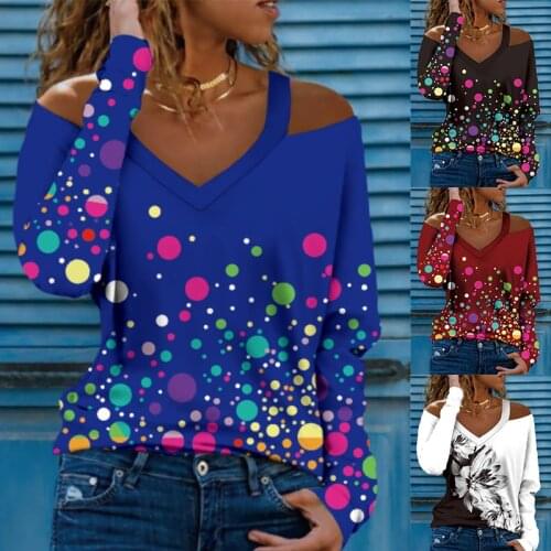 Autumn Summer Women Casual V Neck Print Loose Long Sleeve T shirt Blouse Off Shoulder Fashion Plus Size Retro Pullover Shirt Top