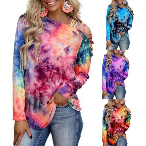 2021 New Women Casual T-Shirt Tie Dye Print Off Shoulder Long Sleeve Loose T-Shirt Pullover Top Women T-Shirts