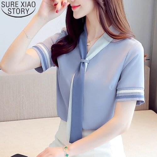 2021 women blouses Solid office lady elegant tie Short Sleeve Chiffon shirts Koran Women Tops and Blouse Clothes Blusas 9565
