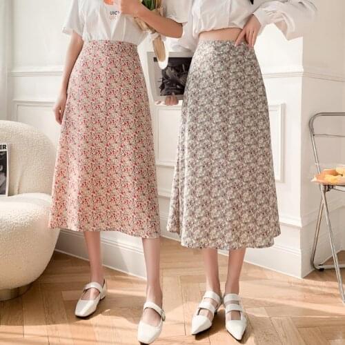 Sweet retro literary small floral A-line bust skirt female mid calf length 2021 spring autumn long skirt