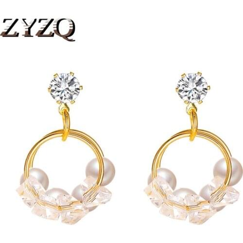ZYZQ Korean Summer Lovely Imitation Pearl Crystal Earrings For Women Geometry Circle Simulated Pearl Earrings Brinco 2021