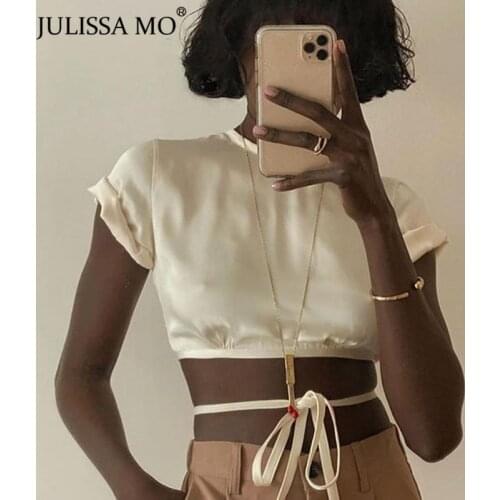Julissa Mo Sexy Hollow Out Satin Tank Tops Women Backless Bandage Summer Cropped Top 2020 Pink O-Neck Casual Streetwear Vest Tee