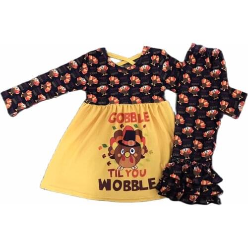 Christmas Thanksgiving Turkey Print Long Sleeve Set for Girls