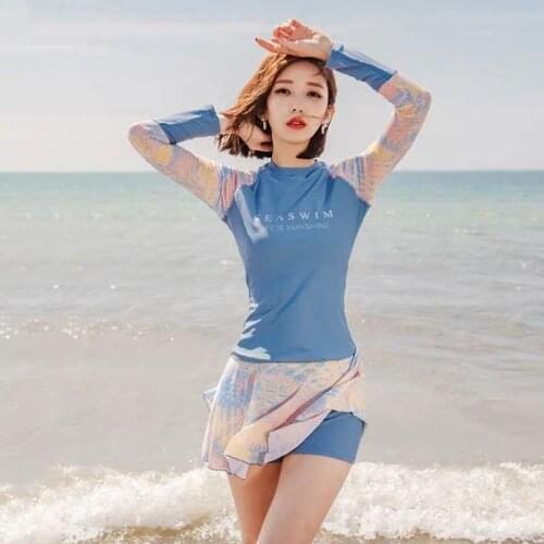 Womens Swimwear 2021 Split Sports Skirt-Style Long-Sleeved Sunscreen Swimsuit Swimming Class Korea Thin Two-Piece Bathing Suit