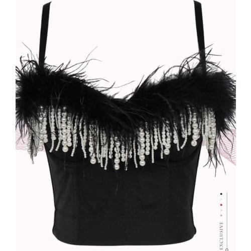2021 Women Sexy Black Feather Crossed Crop Tops Sheath Tank Top Night Culb Corset Party Bustiers Tops