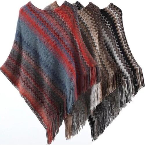 Women Asymmetric Knit Sueter Poncho Ladies Fashion Striped Poncho Cape Sweater Tassels Plus Size Elegant Pullover Poncho Femme