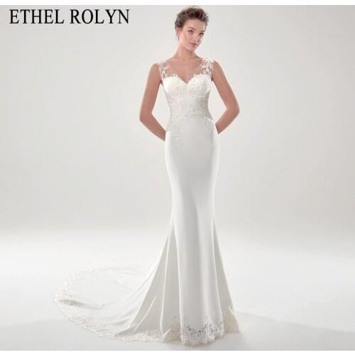 ETHEL ROLYN Mermaid Wedding Dress 2021 Elegant Satin V-neck Sleeveless Illusion Lace Appliques Bride Dresses Vestido De Novia