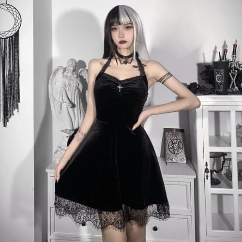 Y2K Aesthetics Lace Trim Velvet Ruffle Dresses V-neck Sleeveless Backless A-Line Dress Womens E-Girl Punk Style Outfits