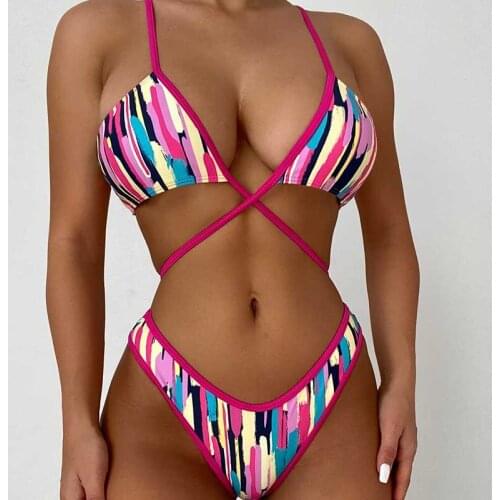Bikini 2021 Mujer Women Colorful Boho Stripes Halter Push Up Bandeau Bikini Set 2 Piece Swimsuits Biquini Monokini Brazilian