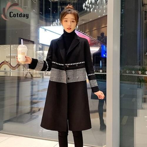Cotday Large Size Women Wool Blends Single Breasted New Add Cotton Winter Patchwork Thin And Western Casual Loose Outerwear Coat