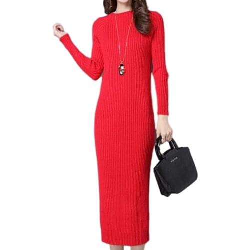 Women Knitted Dress Autumn Winter Warm Long Sleeve Solid Sweater Dresses Slim Bodycon Sheath Knit Dress Vestidos