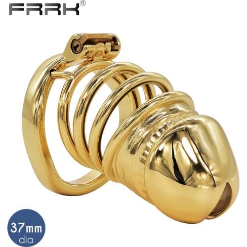 FRRK Gold Chastity Cage Big Metal Male Bondage Belt Devices Sex Toys Steel BDSM Penis Rings for Men Cock Lock Sex Shop Products