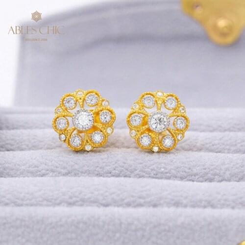 18K Gold Tone Flower Renaissance Earrings Solid 925 Silver Two Tone Silky Stud Premium CZ Bridal Party Earring C11E4S25485