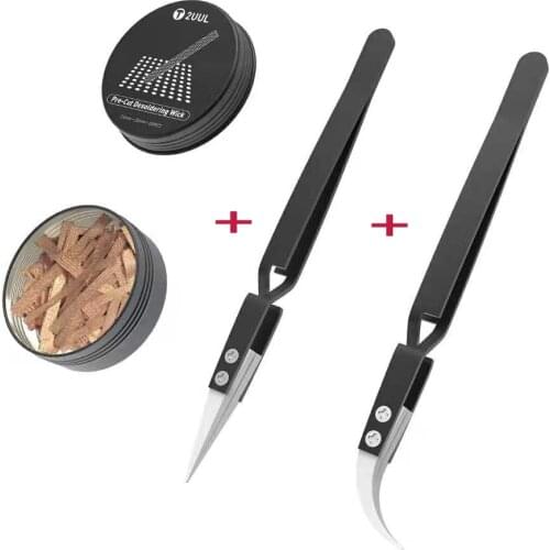 2UUL Pre-Cut Desoldering Wicks 2mm*25mm*100pcs with Bent&Straight Reversed Ceramic Tweezers Tool Sets