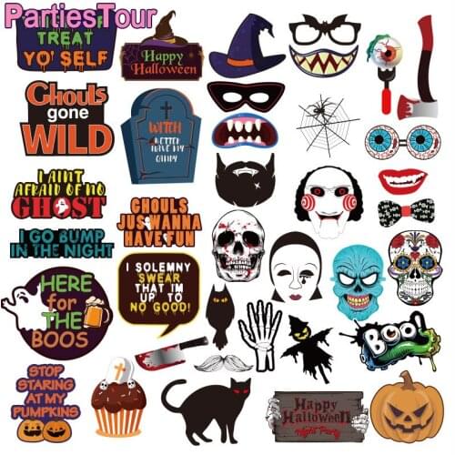 37pcs Halloween Photo Booth Props Halloween Props Pumpkin Ghost Lips Skull Glasses Wizard Hat Spider Mask Pose Sign Kit Decor