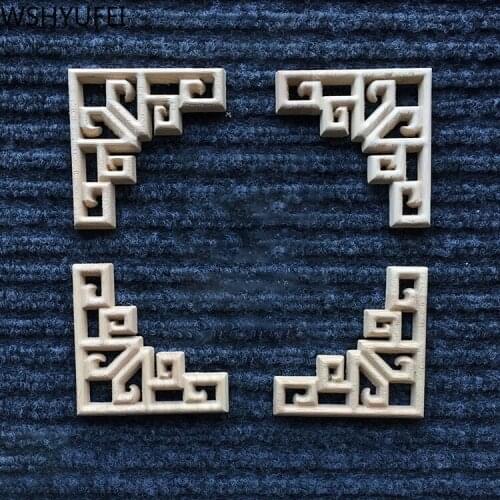 4 PCS Carved Unpainted Solid wood Long Floral Leaves Rubber Wood Furniture Window Corner Wood Applique Onlay Wood Figurines