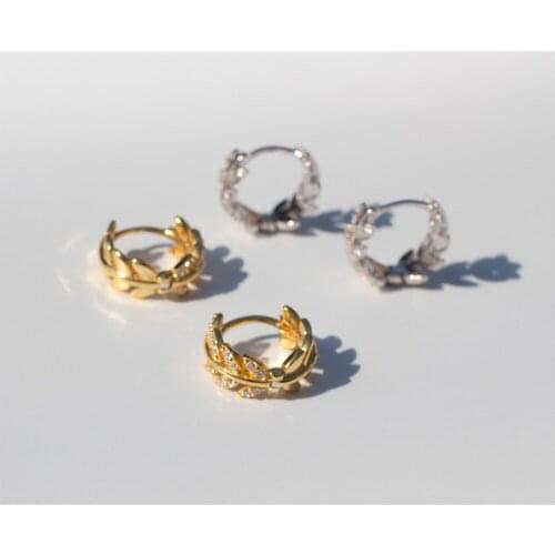 925 Sterling Silver 8.5mm Leaves Huggies Middle Hoops Loops Round Luxury Earring Ring Piercing Crystal CZ Women Jewelry