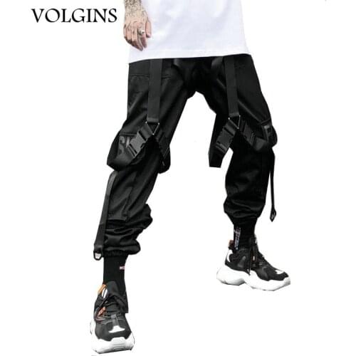 Streetwear Cargo Pants Men Harajuku Tactical Pants Ribbon Multi-pocket Trousers Women Elastic Waist HipHop Male Black Pant