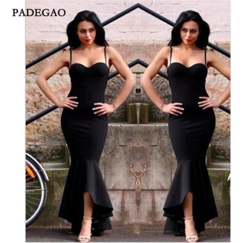 Black In Stock Evening Dresses Mermaid High Low Spaghetti Strap Evening Dress Ruffles Plus Size Custom Made