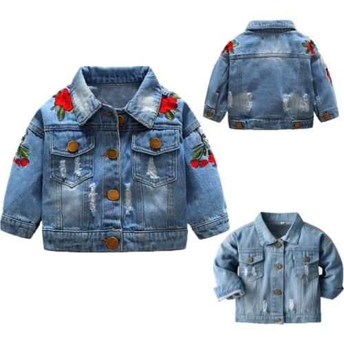 Spring Autumn Girls Jacket Rose Embroidery Short Lapel Fashion Cowboy Long Sleeve Coat Outerwear For Kids 1-5Years Old Clothes