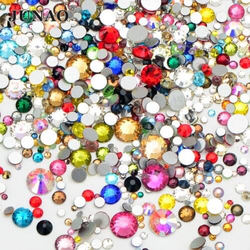 JUNAO 1400pcs Mix Size Colorful Non Hot Fix Rhinestones Flatback Nail Art Decorations Crystal Glass Stone Shiny Strass Gems